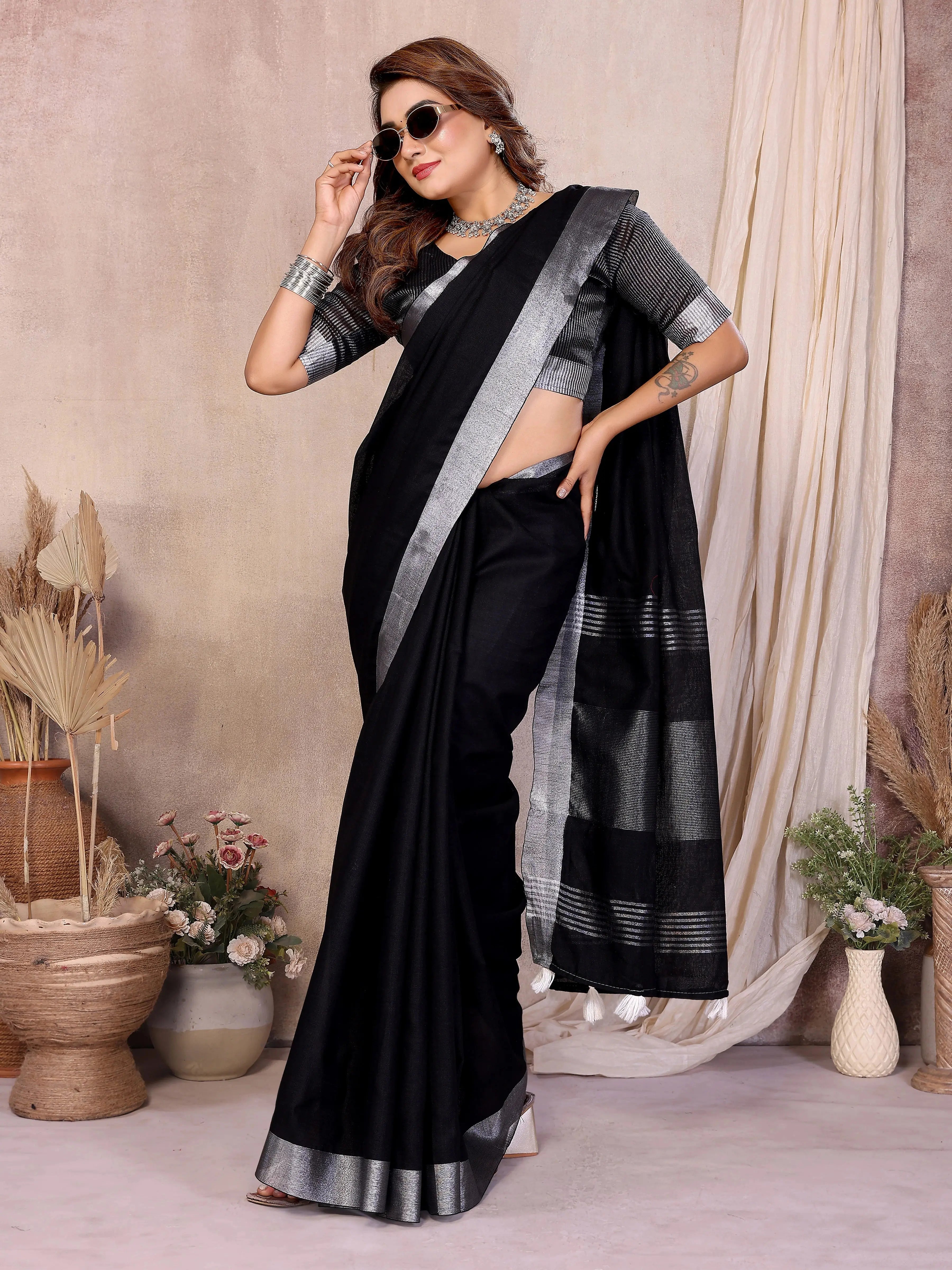 Black Zari Border Soft Linen Cotton Saree